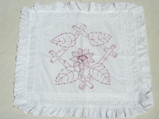 photo of antique redwork embroidery, white cotton pillow covers w/ tuck pleats #6