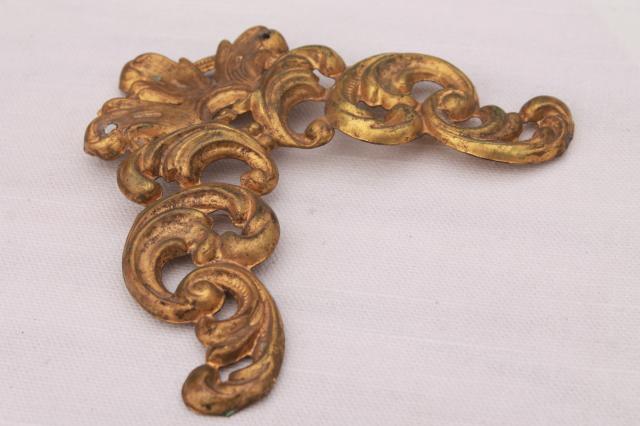 photo of antique repousse brass crown molding corner, ornate gold metal ormulu decoration #2