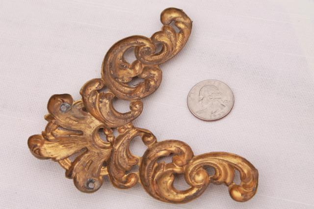 photo of antique repousse brass crown molding corner, ornate gold metal ormulu decoration #5