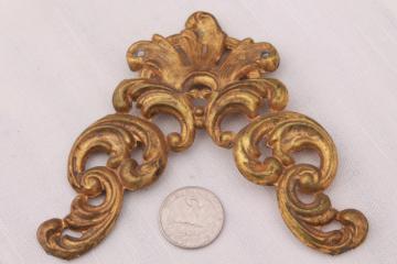 catalog photo of antique repousse brass crown molding corner, ornate gold metal ormulu decoration