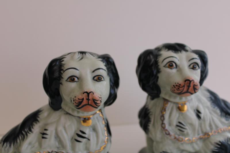 photo of antique reproduction Staffordshire china spaniels, pair black & white dog f #2