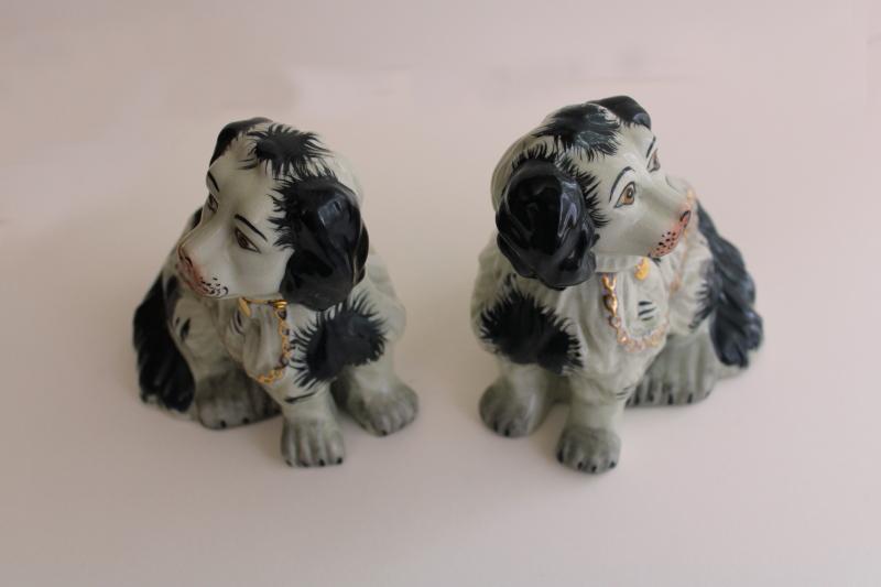 photo of antique reproduction Staffordshire china spaniels, pair black & white dog f #4