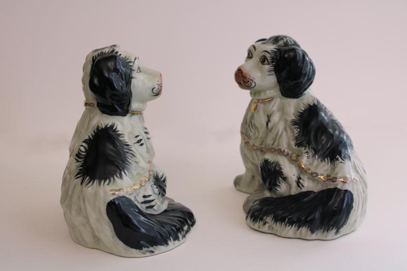 photo of antique reproduction Staffordshire china spaniels, pair black & white dog f #5