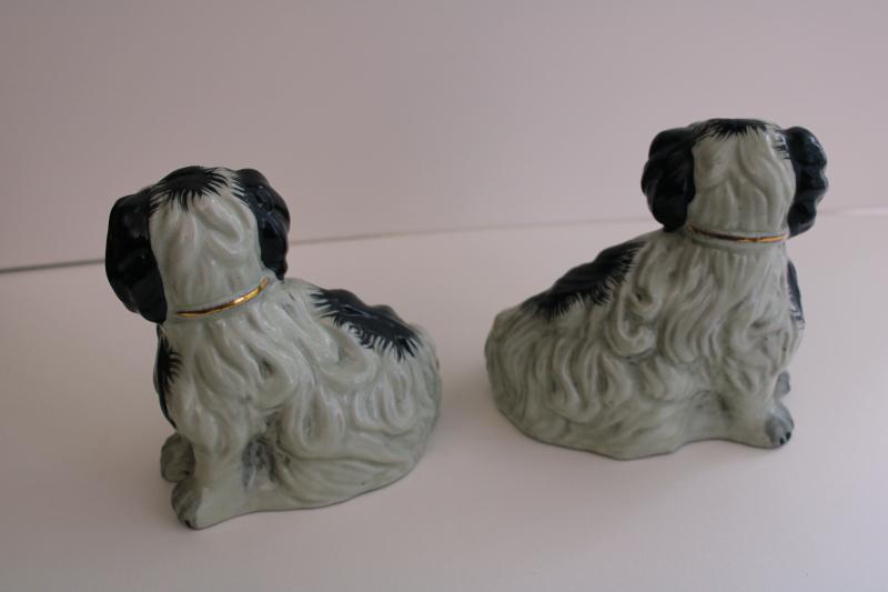 photo of antique reproduction Staffordshire china spaniels, pair black & white dog f #6