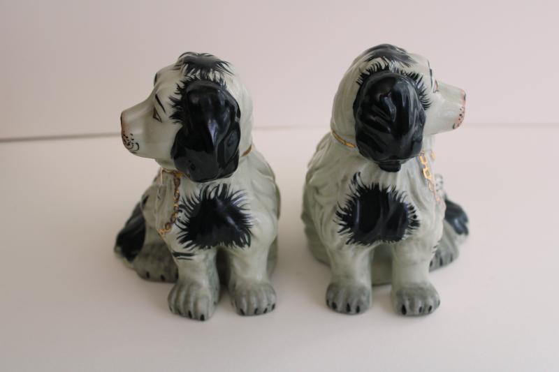 photo of antique reproduction Staffordshire china spaniels, pair black & white dog f #7