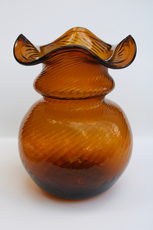 photo of antique reproduction dark amber root beer brown glass vase, 20th century vintage Clevenger Bros hand blown glass  #1