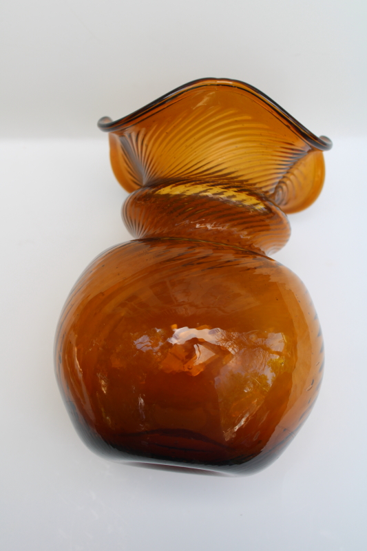 photo of antique reproduction dark amber root beer brown glass vase, 20th century vintage Clevenger Bros hand blown glass  #5