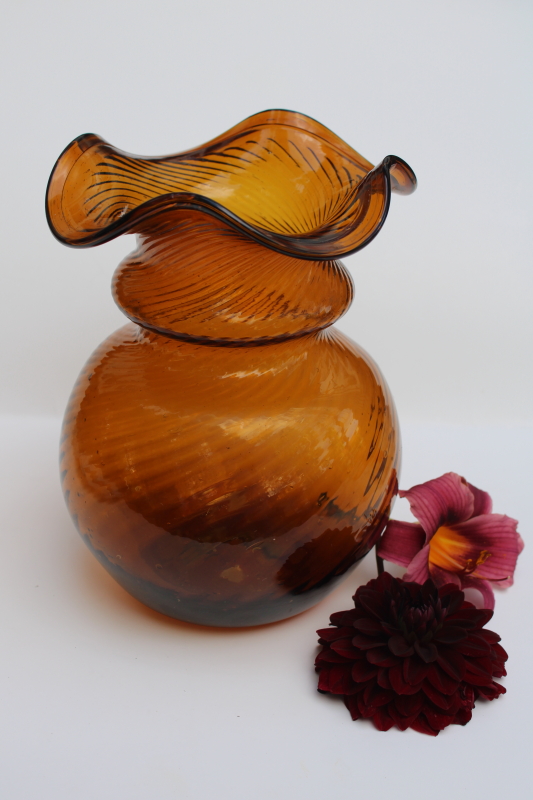 photo of antique reproduction dark amber root beer brown glass vase, 20th century vintage Clevenger Bros hand blown glass  #7