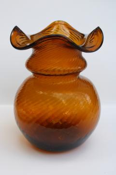 catalog photo of antique reproduction dark amber root beer brown glass vase, 20th century vintage Clevenger Bros hand blown glass 