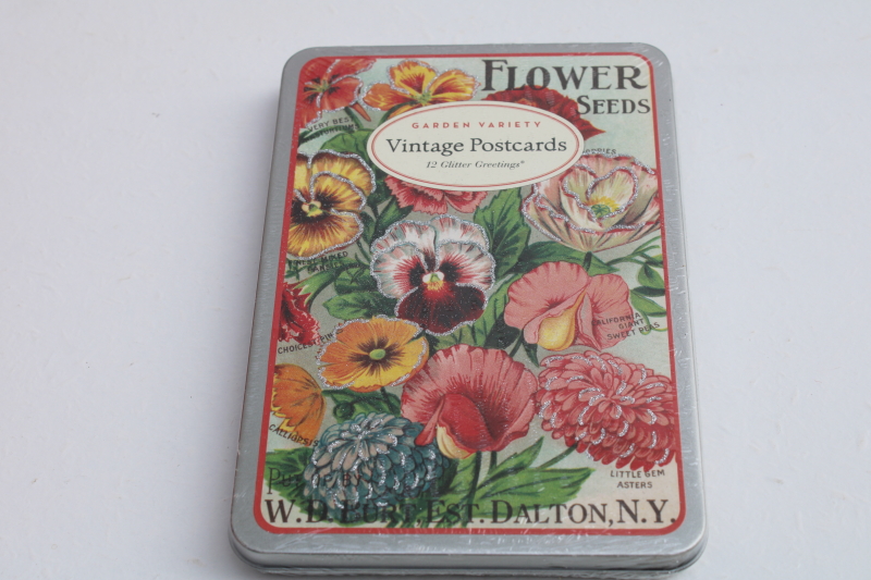 photo of antique reproduction garden seed packet prints glitter floral postcards set never used vintage tin #1