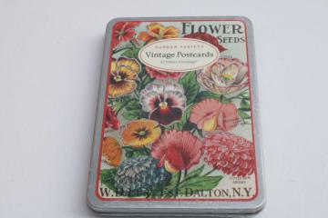 catalog photo of antique reproduction garden seed packet prints glitter floral postcards set never used vintage tin