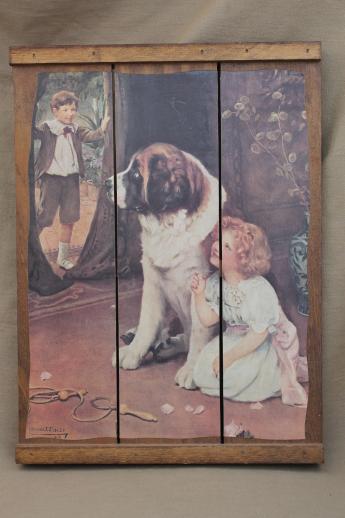 photo of antique reproduction print girl & St. Bernard dog, plank back picture on wood boards #1