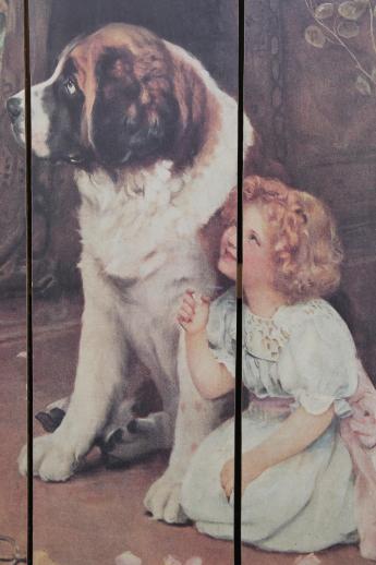 photo of antique reproduction print girl & St. Bernard dog, plank back picture on wood boards #2