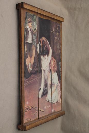 photo of antique reproduction print girl & St. Bernard dog, plank back picture on wood boards #6