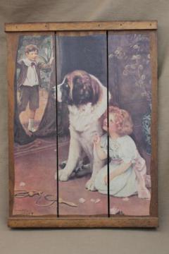 catalog photo of antique reproduction print girl & St. Bernard dog, plank back picture on wood boards