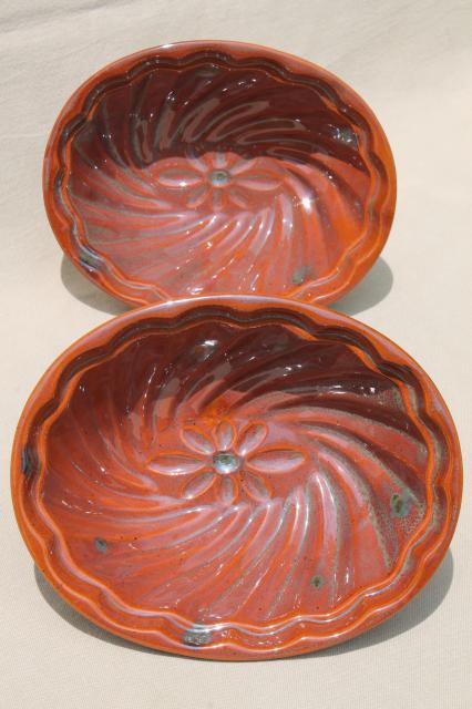 photo of antique reproduction redware food molds, Kathy pottery primitives pudding mold pans #1