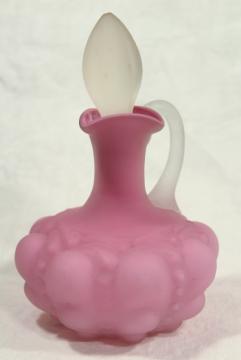 catalog photo of antique rose pink satin glass cruet, 1890s Consolidated glass peach blow style