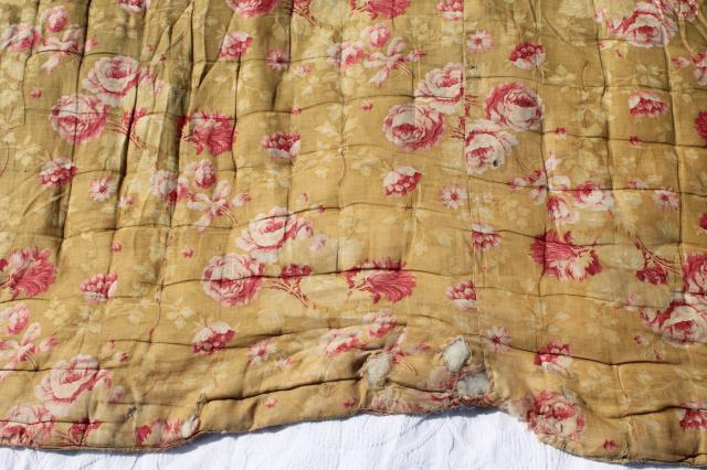 photo of antique roses print cotton fabric comforter w/ soft warm wool batting fill, vintage tied quilt #4