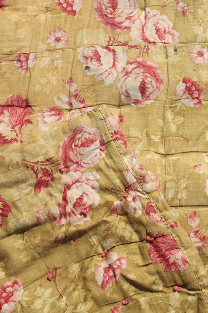 photo of antique roses print cotton fabric comforter w/ soft warm wool batting fill, vintage tied quilt #6