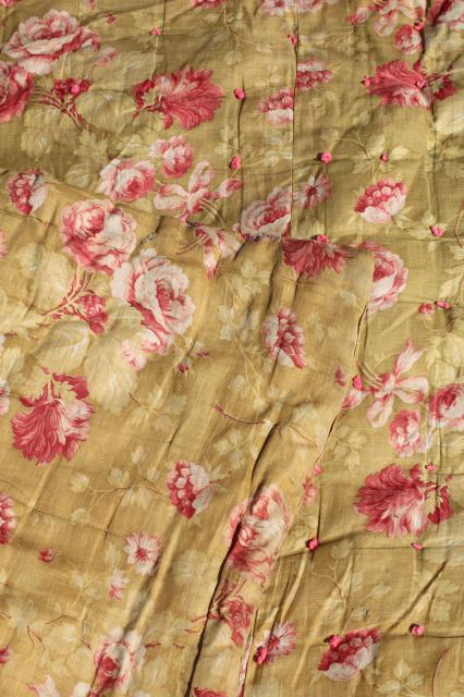 photo of antique roses print cotton fabric comforter w/ soft warm wool batting fill, vintage tied quilt #9