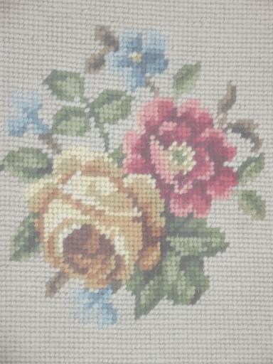 photo of antique roses wool needlepoint in rustic Adirondack carved wood frame #2