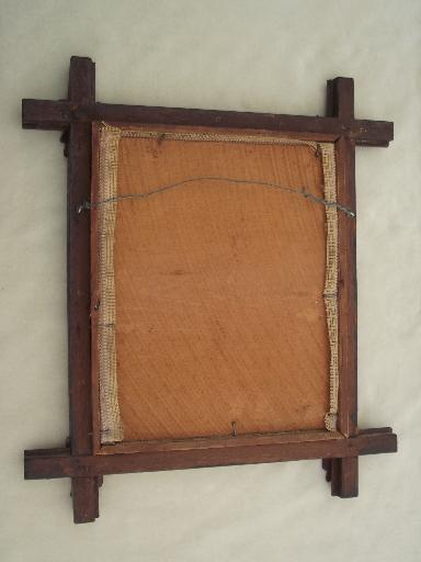 photo of antique roses wool needlepoint in rustic Adirondack carved wood frame #5