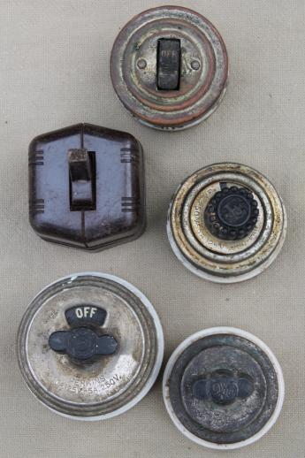 photo of antique rotary switches, lot of 5 surface mount light switches, architectural hardware #1