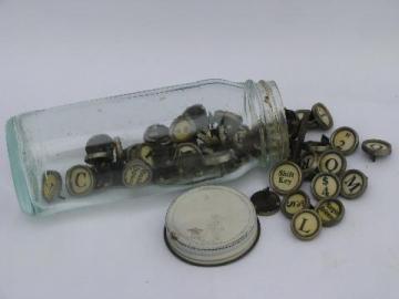 catalog photo of antique round chrome typewriter keys, vintage letters key lot