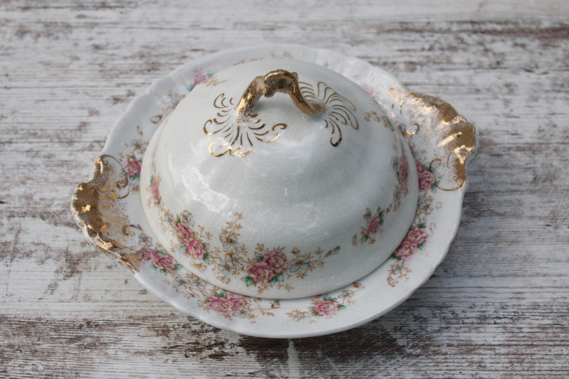 photo of antique round covered butter dish or pancake server, pretty floral Warwick china early 1900s vintage #1