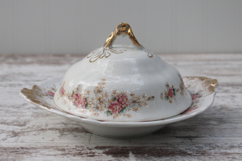 photo of antique round covered butter dish or pancake server, pretty floral Warwick china early 1900s vintage #2