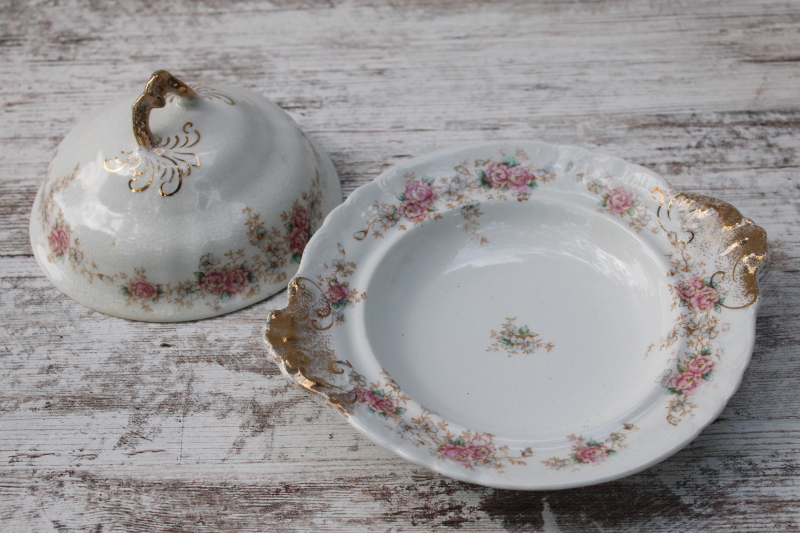 photo of antique round covered butter dish or pancake server, pretty floral Warwick china early 1900s vintage #3