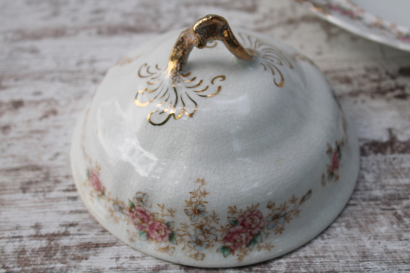 photo of antique round covered butter dish or pancake server, pretty floral Warwick china early 1900s vintage #5