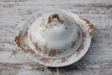 catalog photo of antique round covered butter dish or pancake server, pretty floral Warwick china early 1900s vintage