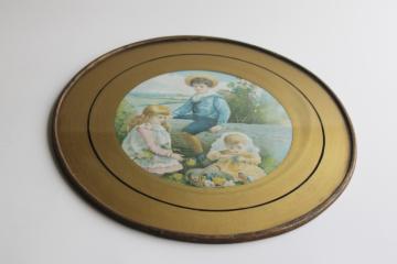 catalog photo of antique round picture or flue cover, reverse painted glass w/ Victorian children print 