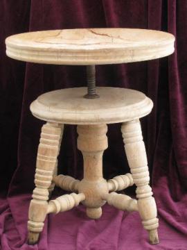 catalog photo of antique round seat piano stool, stripped wood w/ original iron hardware