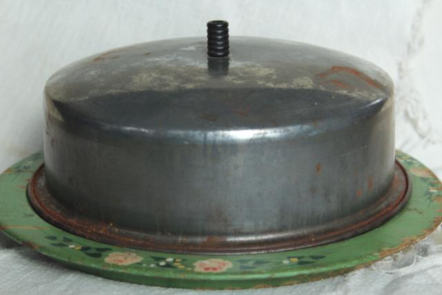 photo of antique round wood board cheese plate w/ metal dome cover, 1920s vintage original paint #1