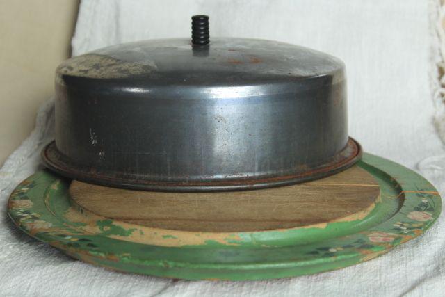 photo of antique round wood board cheese plate w/ metal dome cover, 1920s vintage original paint #3