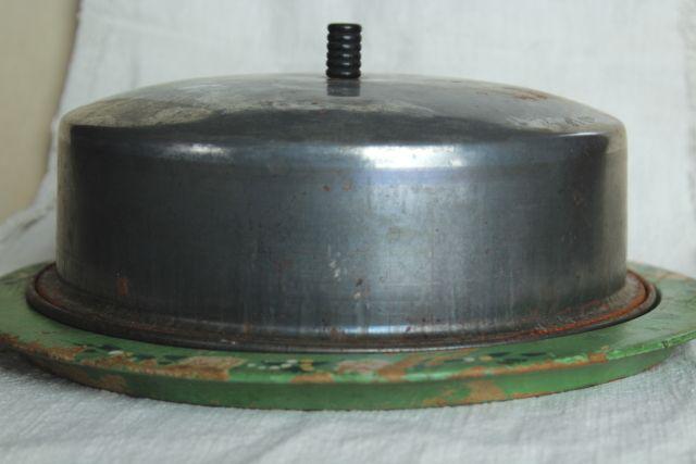 photo of antique round wood board cheese plate w/ metal dome cover, 1920s vintage original paint #4