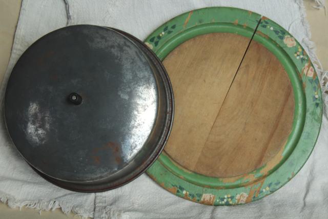 photo of antique round wood board cheese plate w/ metal dome cover, 1920s vintage original paint #8