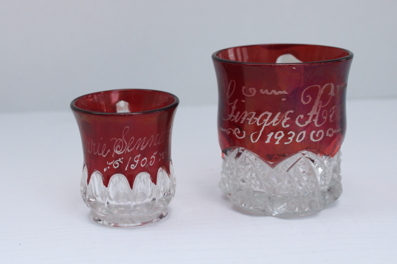 photo of antique ruby flash red stained glass cups, early 1900s vintage souvenirs #1
