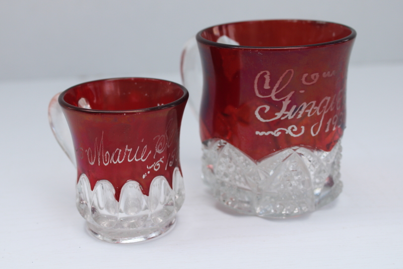 photo of antique ruby flash red stained glass cups, early 1900s vintage souvenirs #2
