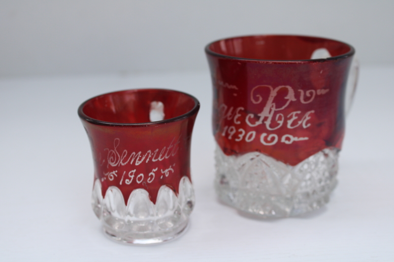 photo of antique ruby flash red stained glass cups, early 1900s vintage souvenirs #3