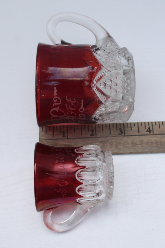 photo of antique ruby flash red stained glass cups, early 1900s vintage souvenirs #6