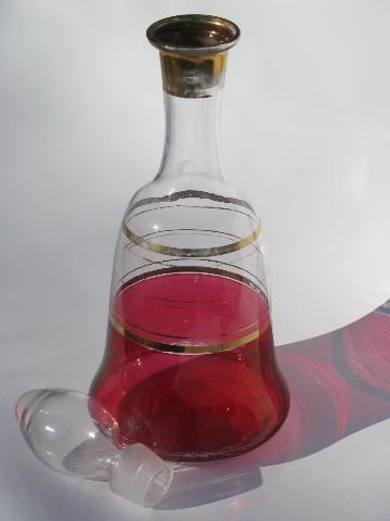 photo of antique ruby or cranberry stain glass decanter bottle, tall stopper #2