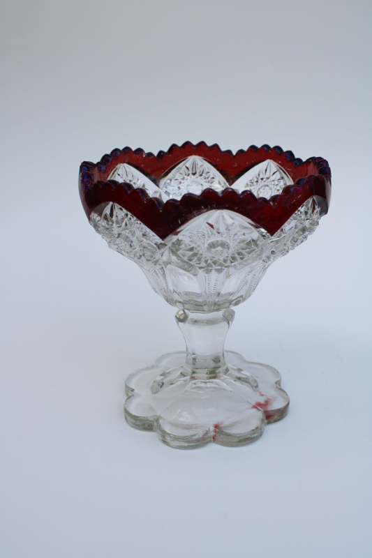photo of antique ruby stain glass  candy dish or compote bowl, hobstar vintage 1890s 1900s EAPG #1