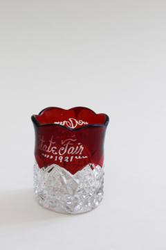 catalog photo of antique ruby stain glass toothpick holder, 1921 vintage State Fair souvenir Isa