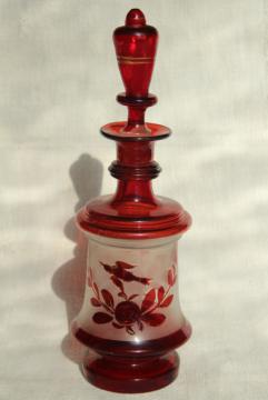 catalog photo of antique ruby stain hand blown glass decanter bottle, early 1900s vintage Bohemian glass