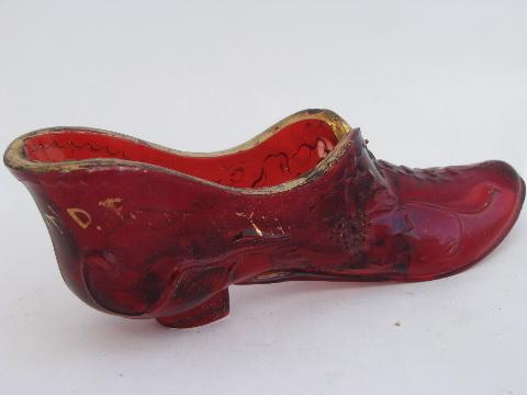 photo of antique ruby stain pressed glass shoe, early 1900s souvenir #2