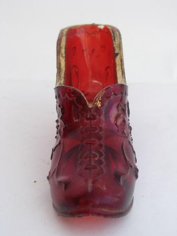 photo of antique ruby stain pressed glass shoe, early 1900s souvenir #3