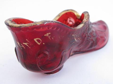 photo of antique ruby stain pressed glass shoe, early 1900s souvenir #4